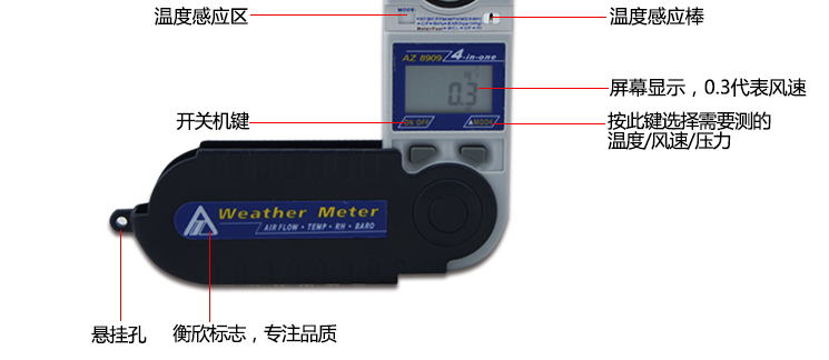 台湾衡欣 AZ8909多功能风速计可检测温度湿度压力凉风露点热力指数